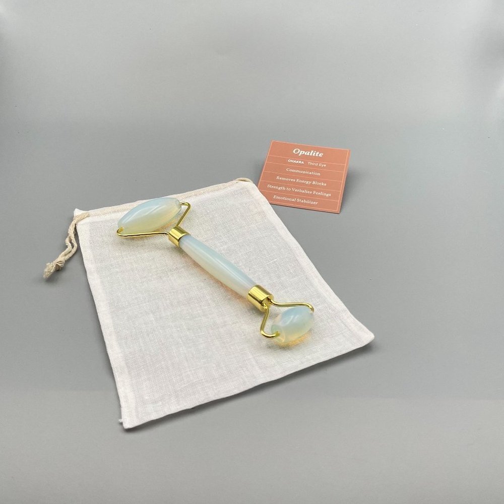 Opalite Face Massager and Eye Roller, Crystal Facial Tool w/ Travel Bag, Card